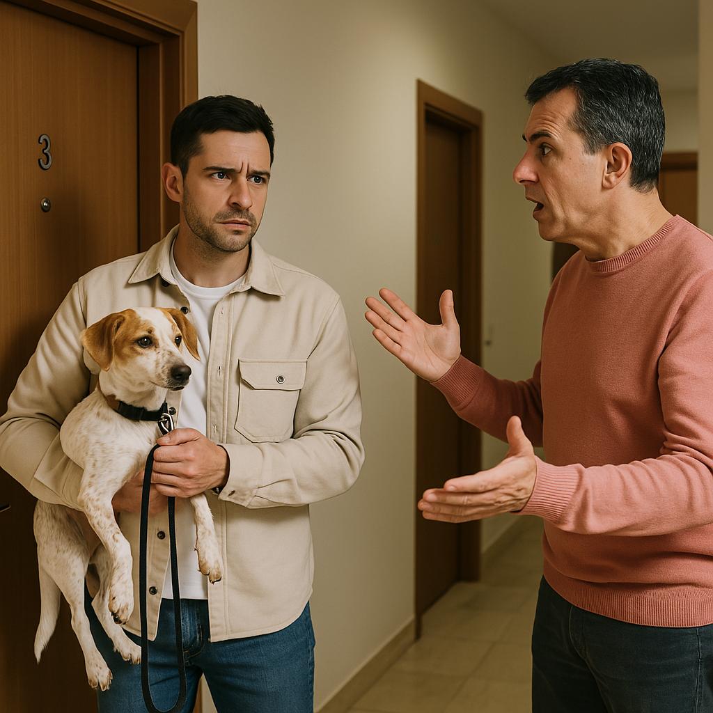 Foto de un perro en un edificio con un vecino molesto de fondo