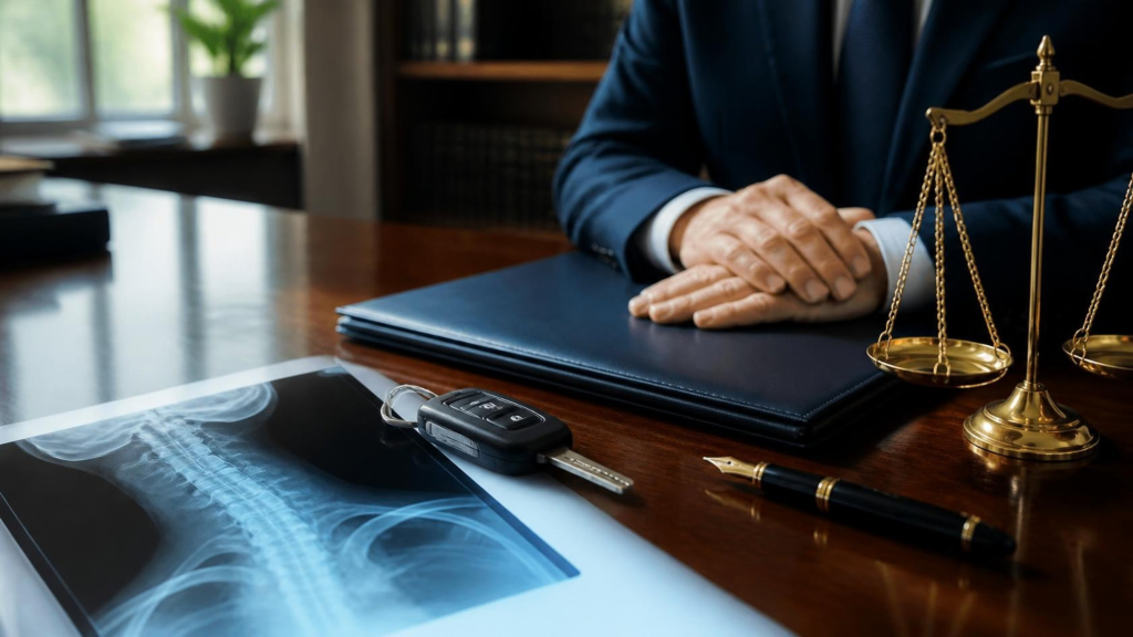 Mesa de abogado con una radiografía, la llave de un coche y una balanza de la justicia