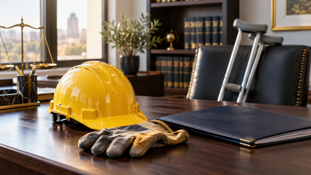Casco y guantes de protección sobre una mesa de despacho, junto a un expediente y unas muletas