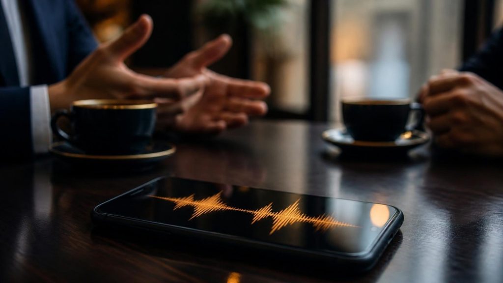 Móvil sobre una mesa de café grabando el audio de una conversación entre dos personas