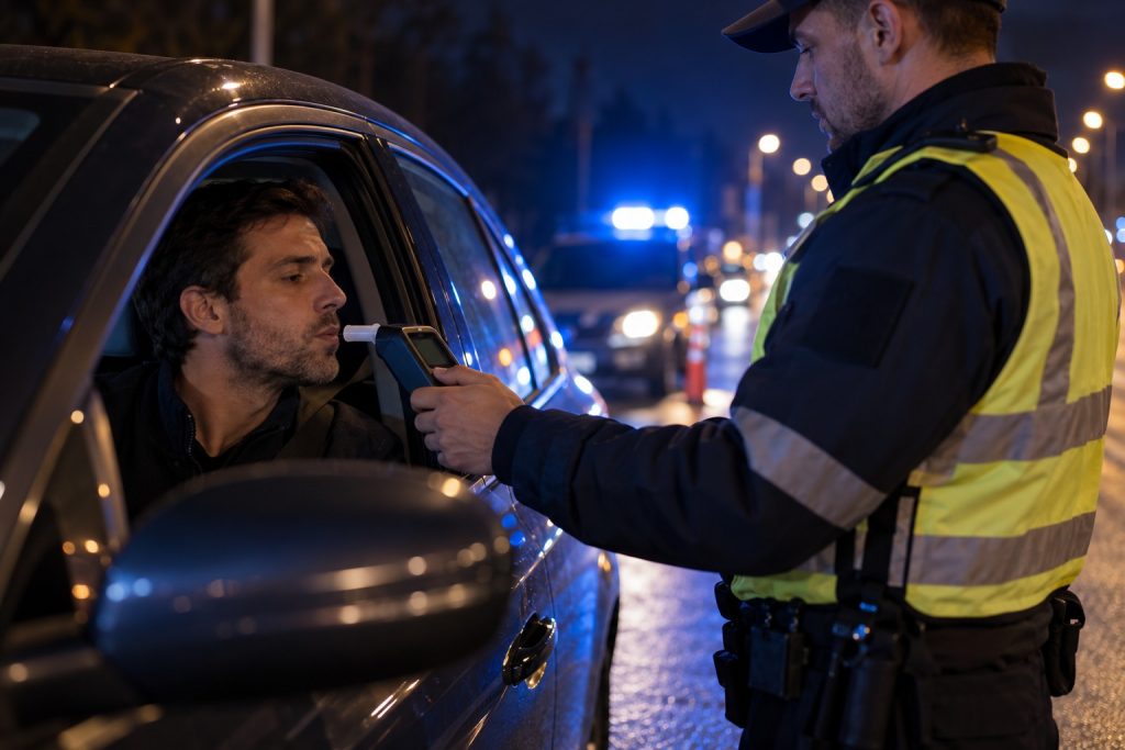 Conductor realizando una prueba de alcoholemia en un control nocturno