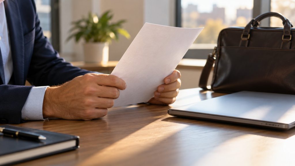 Persona revisando un documento médico antes de volver al trabajo