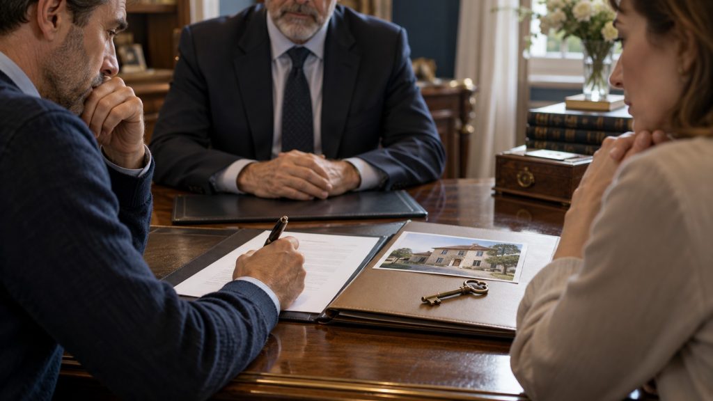 Hermanos revisando una herencia ante un abogado