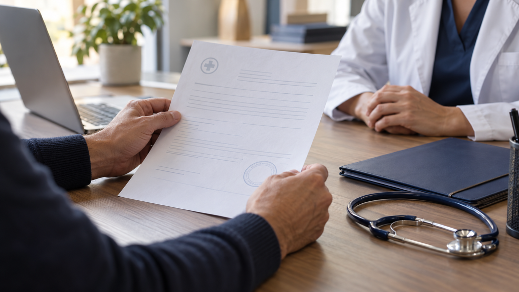 Manos revisando un informe médico durante una consulta