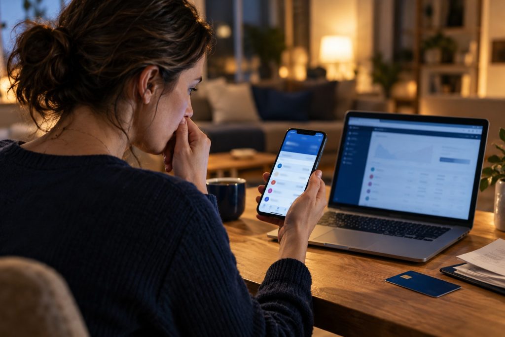 Persona comprobando una transferencia inesperada en su móvil