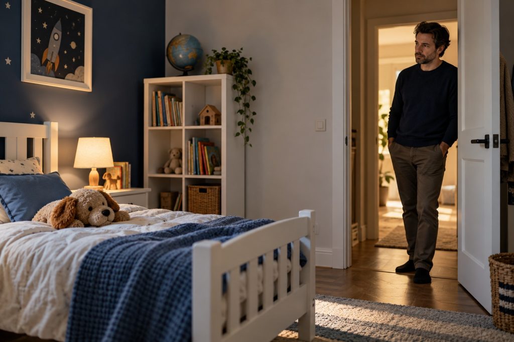 Padre ante una habitación infantil vacía tras el traslado de su hijo