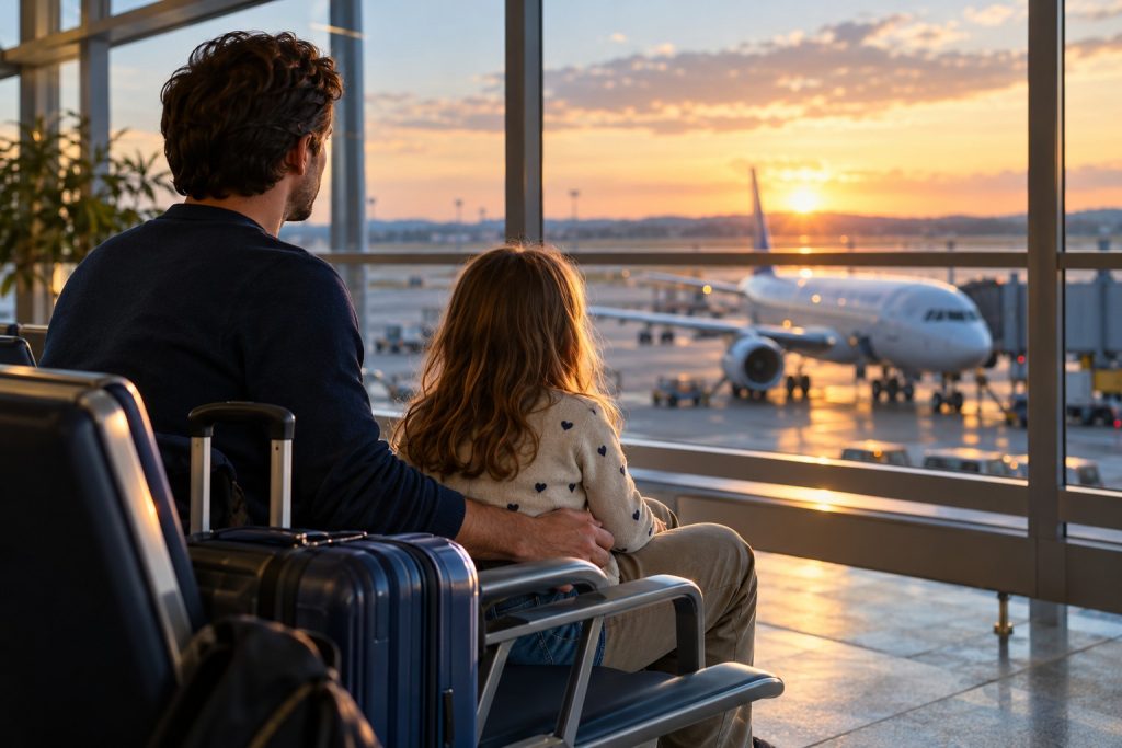 Padre e hija en un aeropuerto durante un desplazamiento familiar