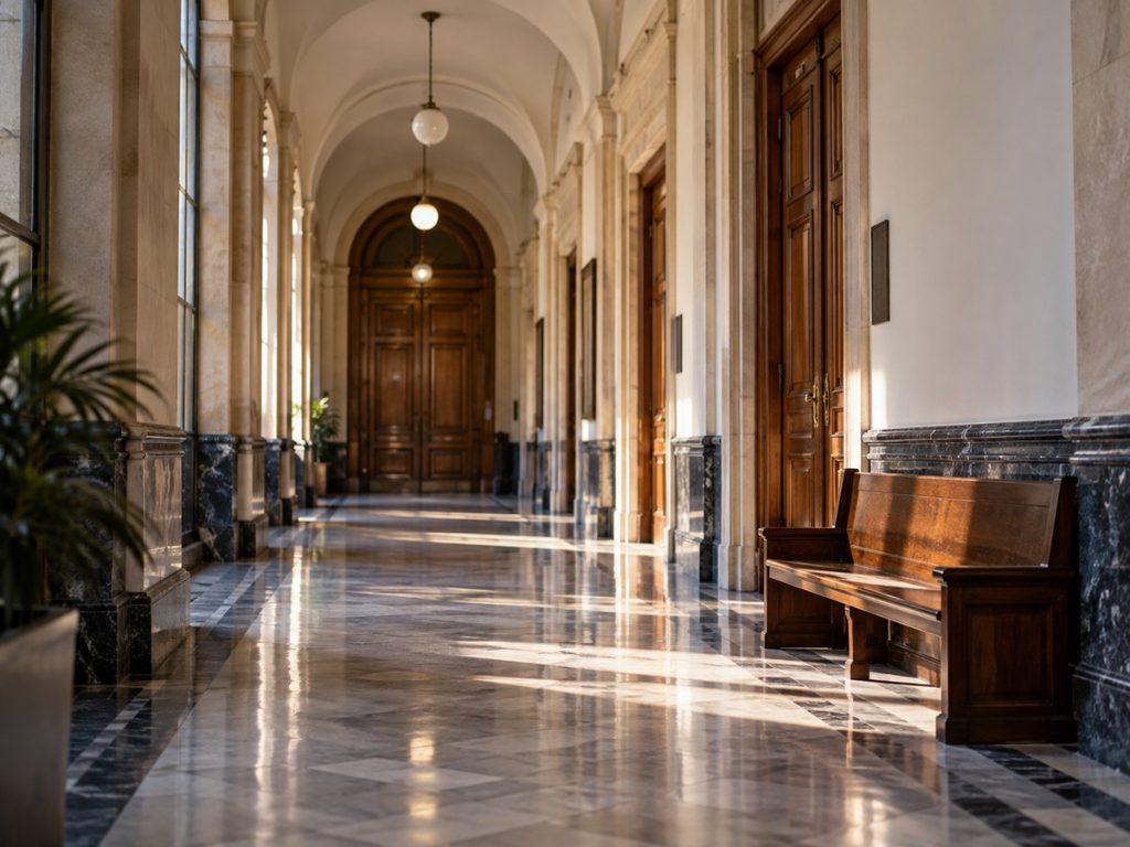 Exterior de un edificio judicial y acceso a los tribunales