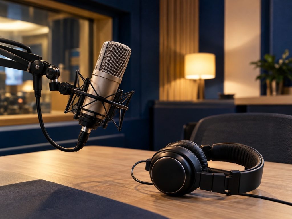 Micrófono y auriculares en un estudio de radio