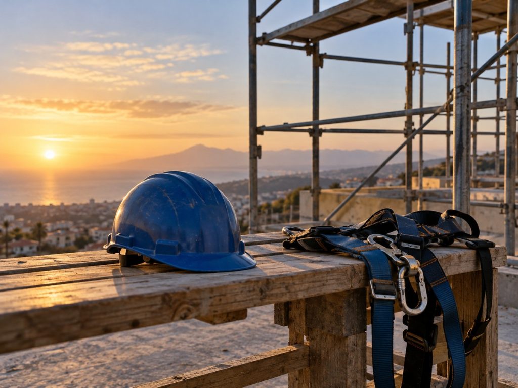 Casco de seguridad y objetos de trabajo junto a documentación