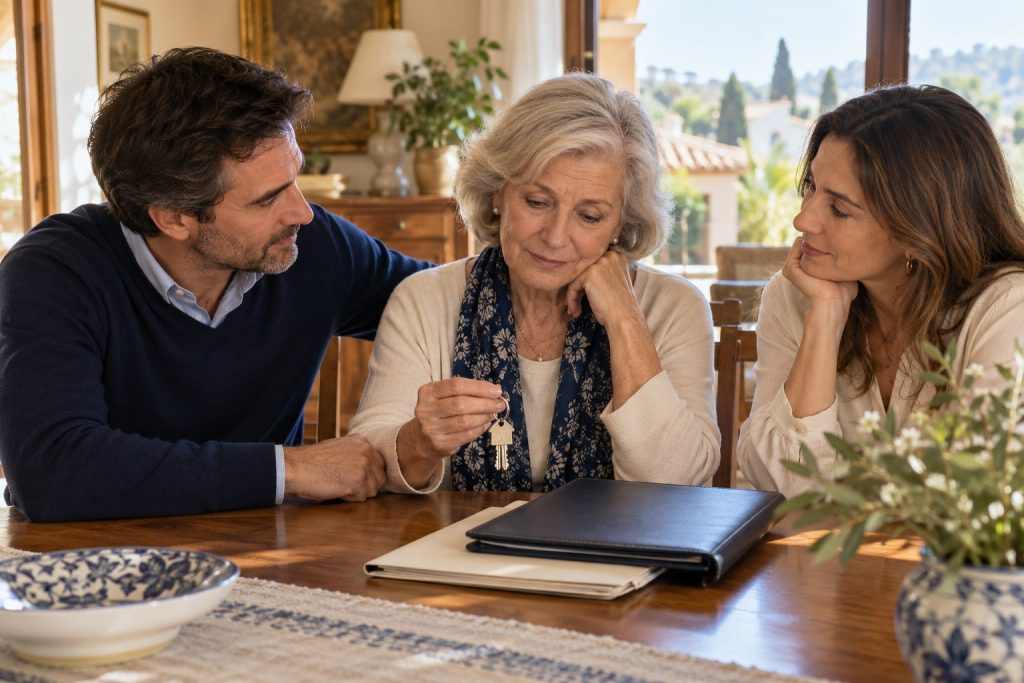 Viuda y dos hijos adultos revisando documentación y las llaves de la vivienda familiar