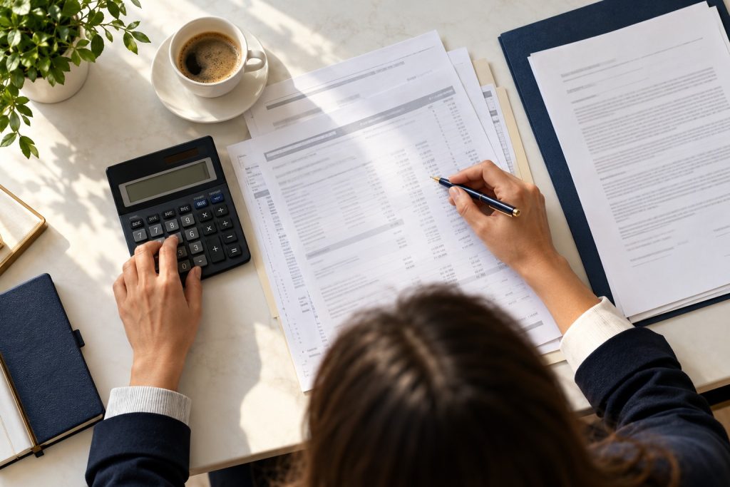 Cálculo del finiquito con nóminas, una calculadora y un bolígrafo