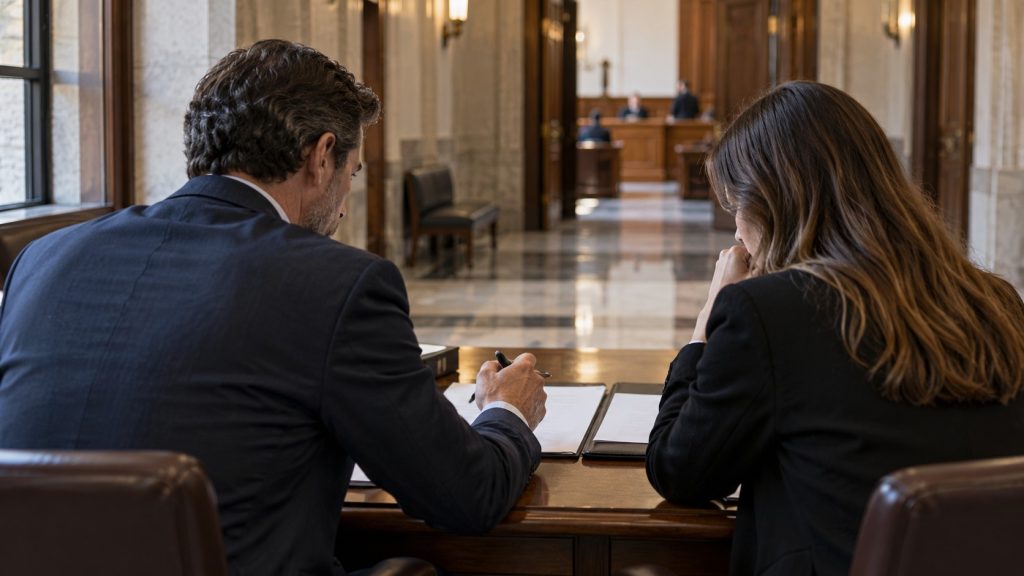 Abogado preparando con su cliente la defensa de una denuncia