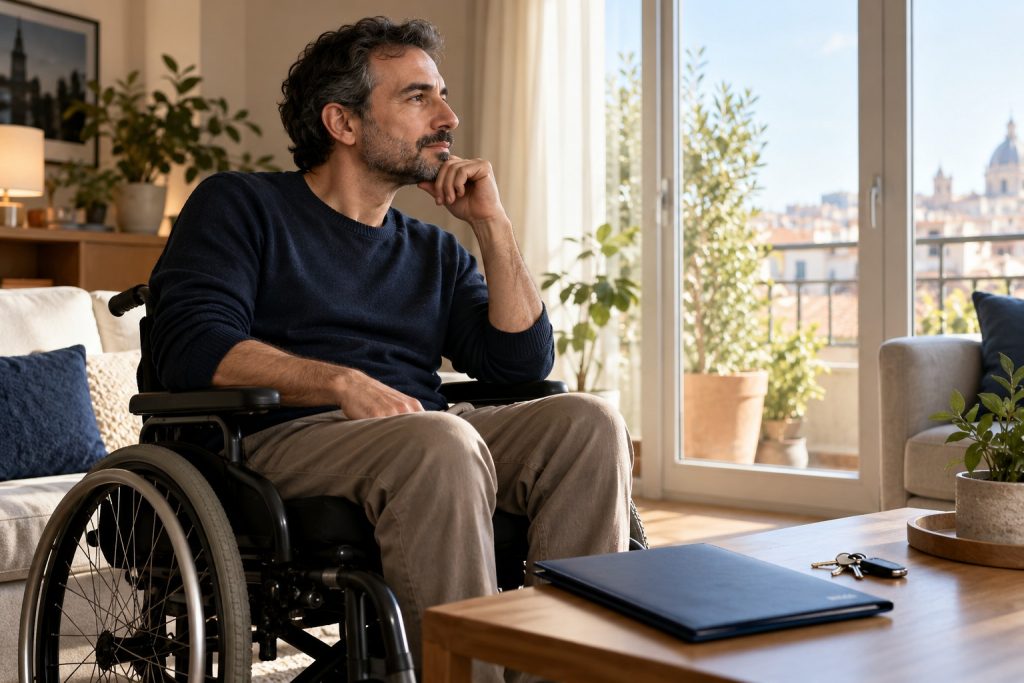 Persona en silla de ruedas en su vivienda, junto a las llaves y la documentación de su seguro