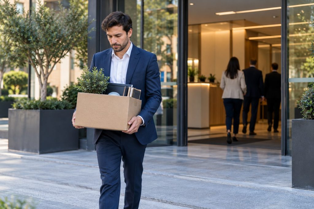 Trabajador saliendo de una oficina con una caja de sus pertenencias