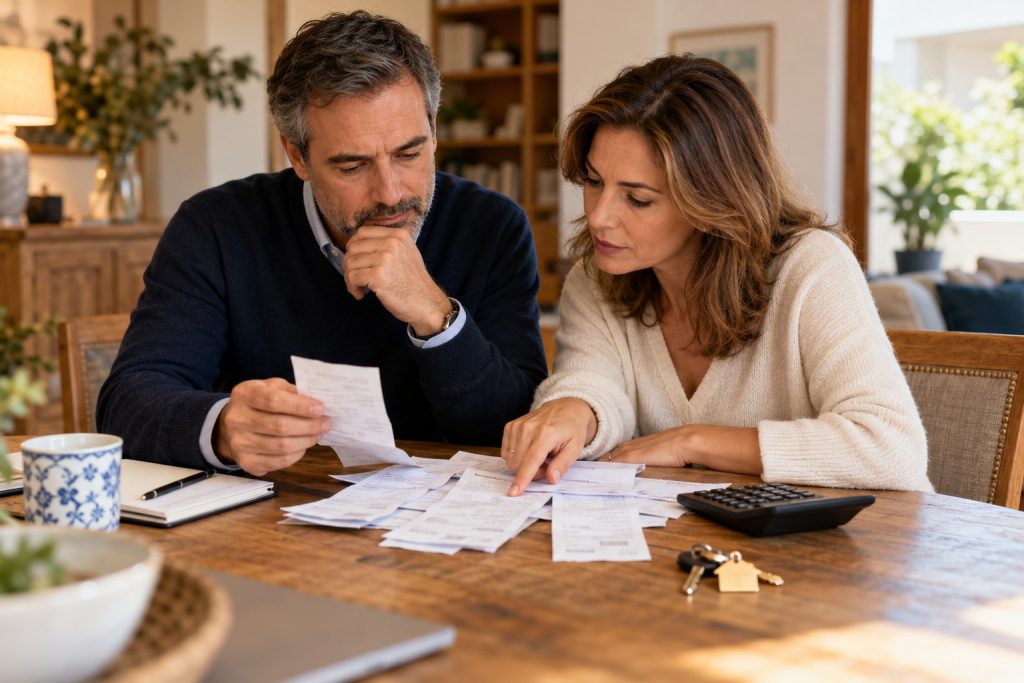 Pareja revisando recibos de la hipoteca con una calculadora y las llaves de casa